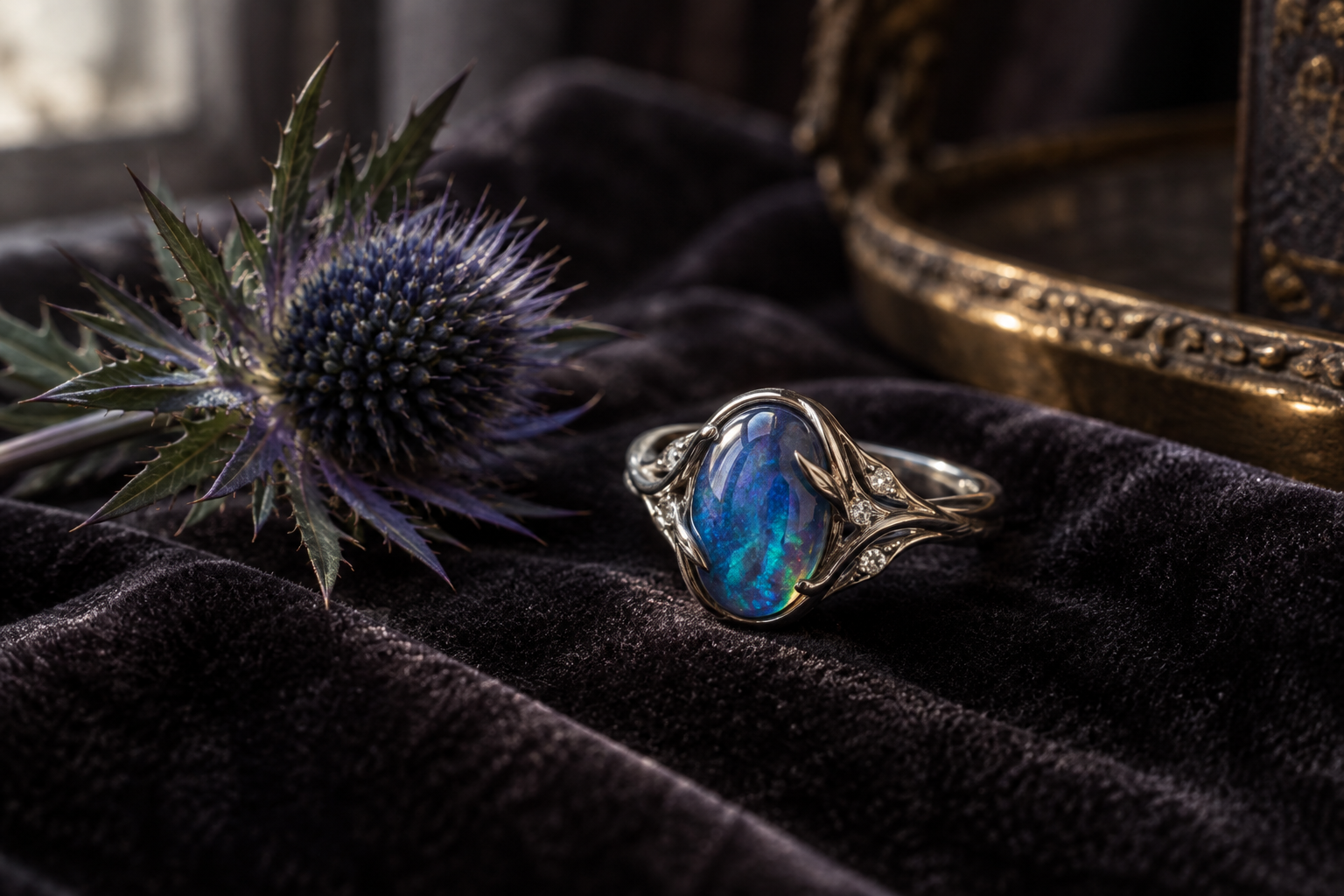 Blue opal ring beside a thistle on dark velvet; editorial design concept