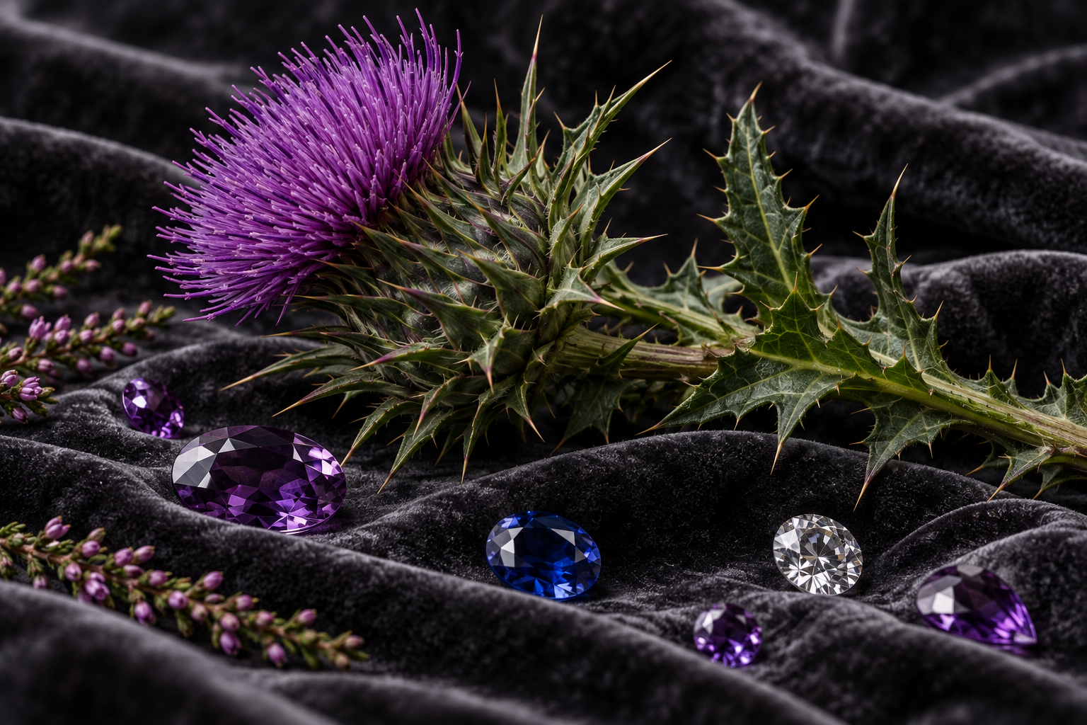 Gemstones and a purple thistle arranged on dark velvet